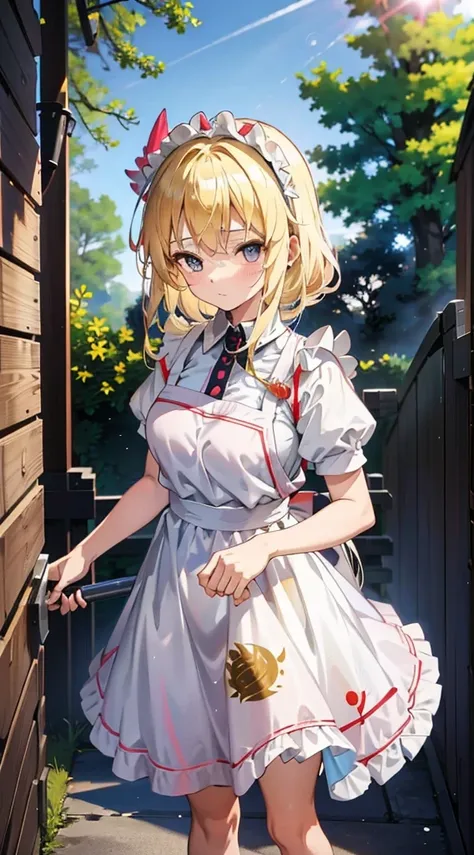 anime styled, High definition illustration, Perfect drawing, Draw anatomically correctly, Alice in the wonderland, In the forest where the bright sun shines, Beautiful blonde girl urinating while standing, ((seminude:1.5)), A short, light blue dress with a...