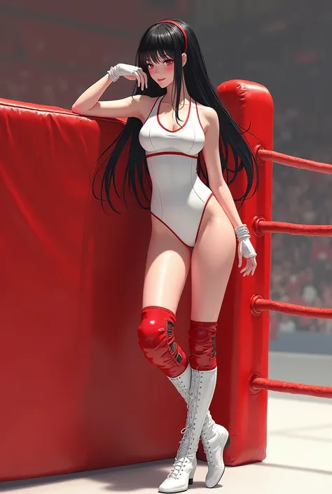 A slender Japanese female professional wrestler with long black hair.、White enamel swimsuit with red lines on the sides、Knee pads on the knees、Elbow pads on the elbows、White patent leather long lace-up boots with flat soles like ballet shoes、Standing leani...