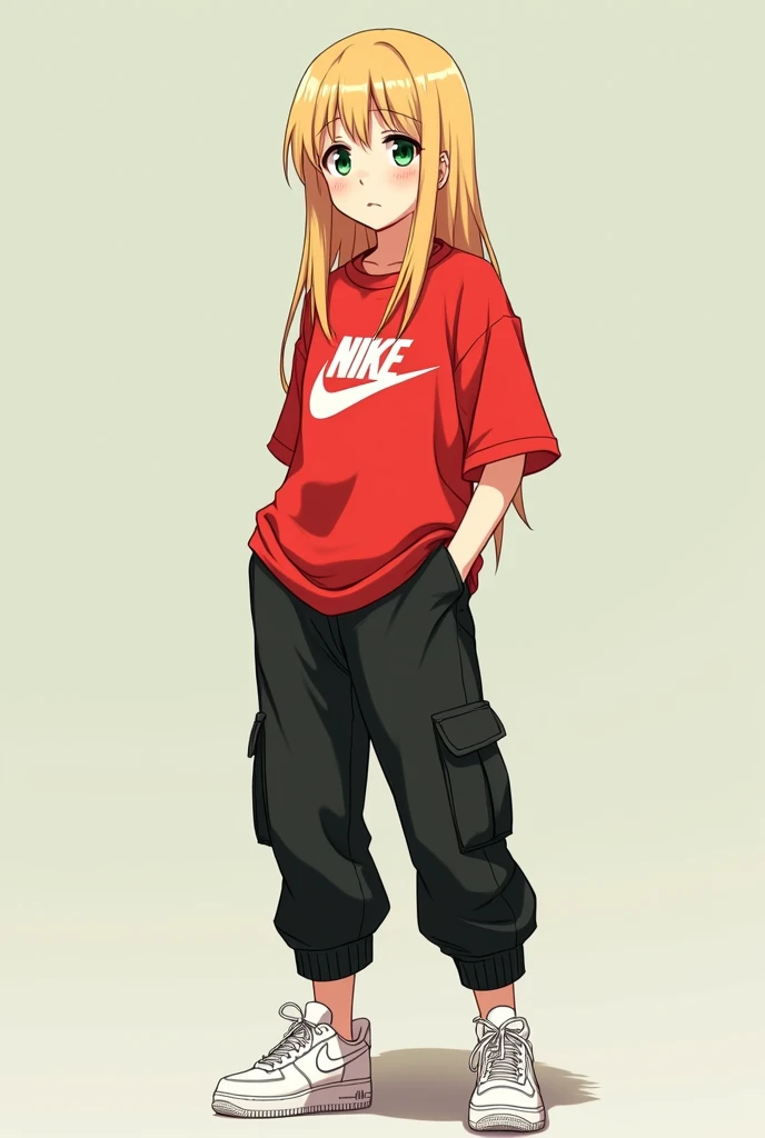 Light skin girl, straight blonde hair, green eyes, with men&#39;s clothing, Red and wide shirt in Nike, black cargo pants, Air force branco,

anime version