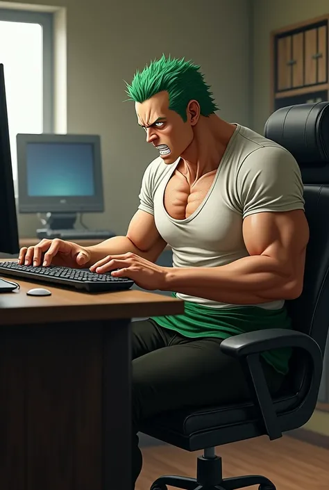 make zoro character from one piece messing with a computer, as if he were dictating a video sitting in the chair as realistically as possible
