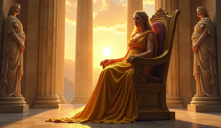 "Inside the grand throne room of Olympus during sunset, golden light filters through the tall marble pillars, casting shadows on the statues of gods. Hera, in a regal golden robe, sits on her throne, her face proud and determined, radiating power and grace...