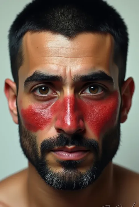 Middle Eastern man with big eyes and long eyelashes, Short straight black hair with advanced rosacea on the nose and a wide nose, freshly shaved