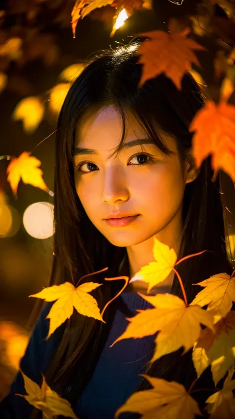 Autumn leaves night illumination Japanese woman

