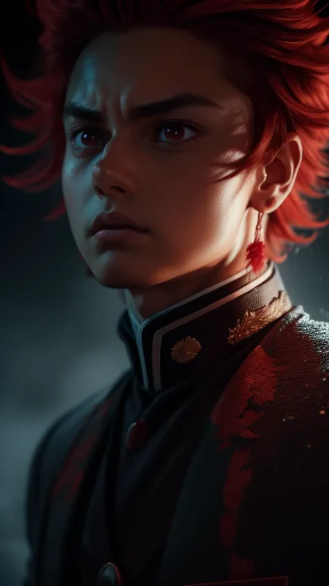 a detailed portrait of kamado tanjiro, beautiful detailed eyes, boy, beautiful detailed lips, extremely detailed face, flaming red hair, school uniform, serious expression, dramatic lighting, cinematic composition, epic fantasy, muted color palette, dark m...