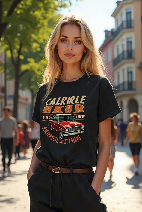 

a young woman with long blond hair, smooth and well cared for. She is wearing a black t-shirt with a vintage style graphic design., with colored letters and a picture of a vintage car. His face is soft and expressive, with clear, rosy skin. She is standi...