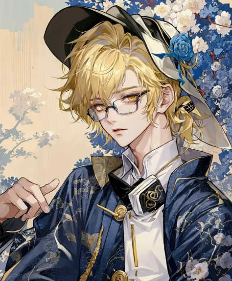 blond boy with glasses and a baseball cap is holding a camera, male ulzzang, cai xukun, delicate androgynous prince, beautiful androgynous prince, male anime style, handsome japanese demon boy, anime boy, rena nounen style 3/4, anime cosplay, xqc, blonde b...