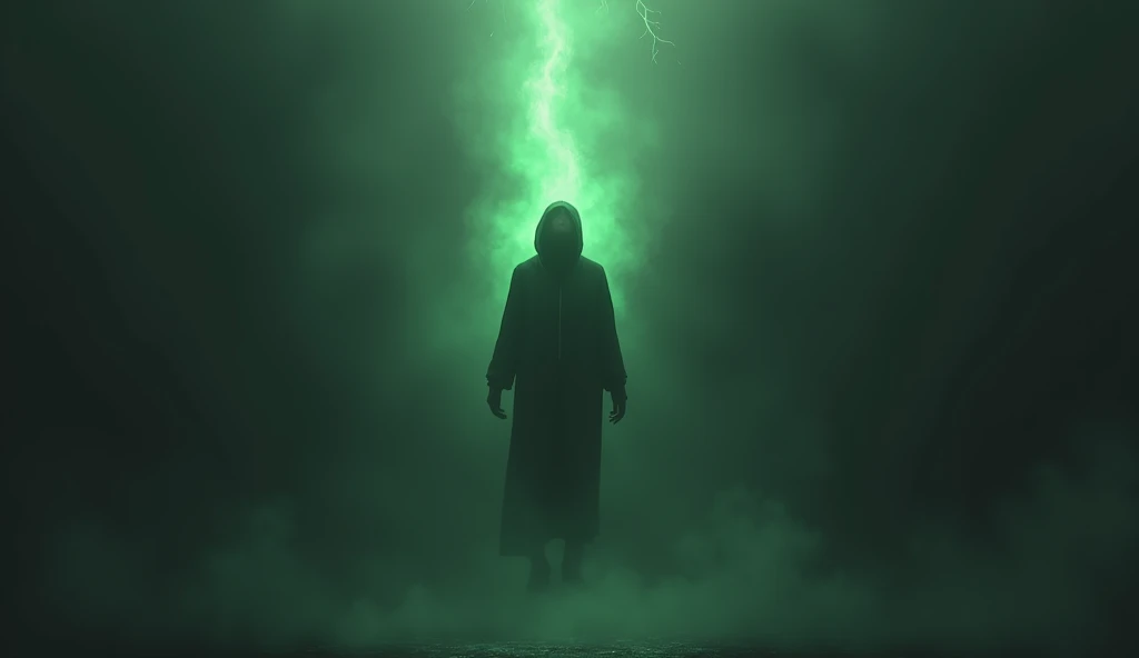 A clothed person, floating in the darkness, with a green aura of light surrounding his emotional wounds. The background is dark and dim.