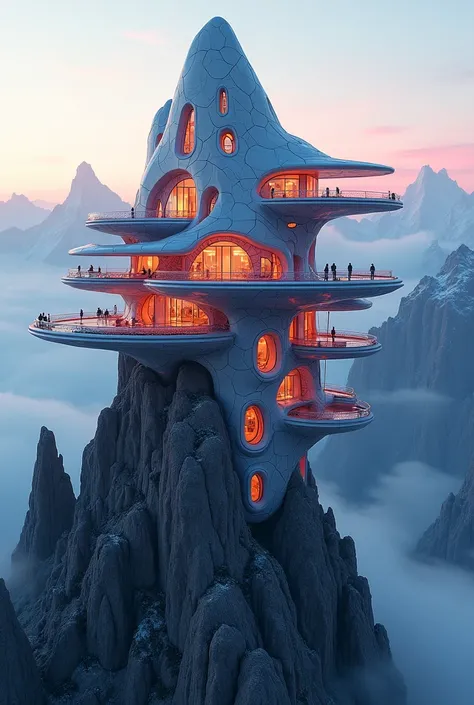 a futuristic fantasy house on a mountain, futuristic, fantasy, colorful, eccentric, connected, built, intricate architecture, dramatic lighting, glowing panels, hovering elements, angular shapes, reflective surfaces, panoramic view, floating platforms, neo...