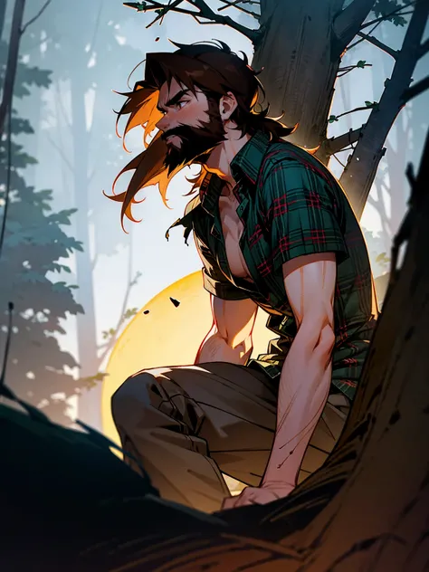 Male, brown hair, rugged beard, wearing a torn flannel shirt, werewolf, leaning against a tree in a foggy forest clearing, the full moon casting an eerie glow on his scars.