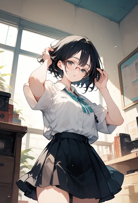 perspective ,Alone,black hair,glasses, Black skirt, listening to music, Room