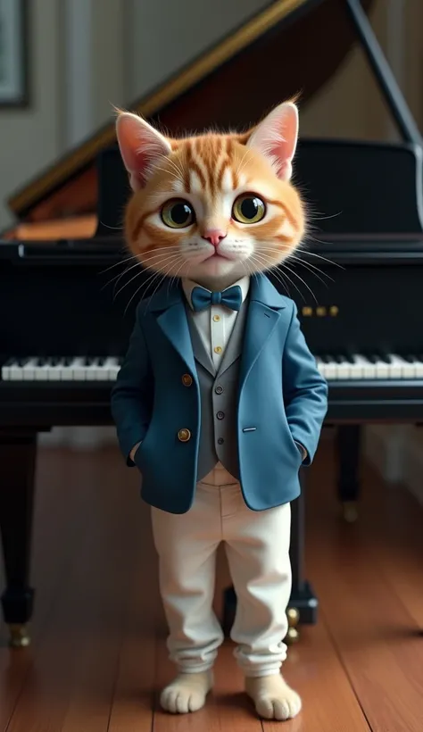 A cat wearing blue jacket and White pant is watching at camara.his behind a piano