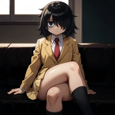 score_9, score_8_up, score_7_up,, solo, source_anime, tomokoxl, bags under eyes, hair over one eye black hair, medium hair, school uniform, red necktie, yellow skirt, short skirt, pleated skirt, yellow jacket, black socks, standing, cowboy shot, sitting, c...