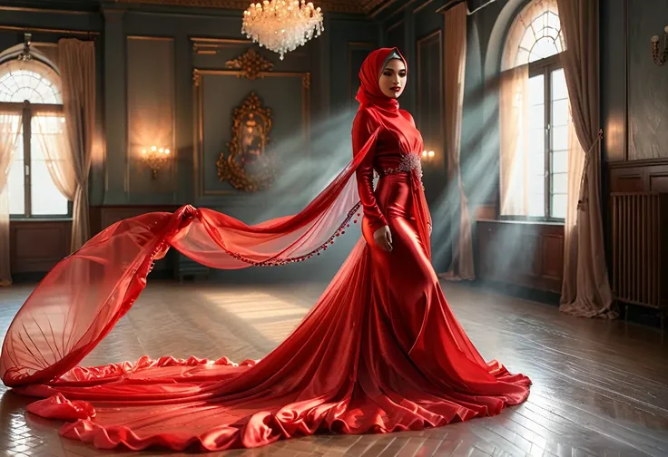 woman shrouded in a 10-meter-long, plush red semi transparent satin shimmer cloth, tightly bound and grandly draping along the form of her body, flowing off into a pooled floor-length train, styled in a mermaid-inspired outfit, her head modestly veiled in ...