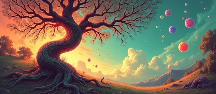 Psychedelic Nature Scene: "Design a psychedelic tree with swirling, abstract branches and colorful orbs in red, blue, green, and white. The background should fade from fiery warm tones to calming green, adding a surreal touch."