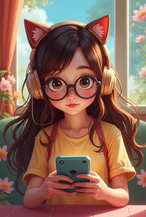 Disney style, make a gamer with a cat headphone, long brown hair, highlighted brunette type, brown eyes and glasses and playing on the cell phone.