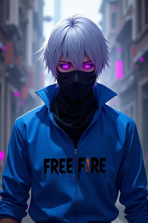 A character with white hair, a black mask and a blue shirt with free fire written in the background and purple lights coming out of his eyes.
