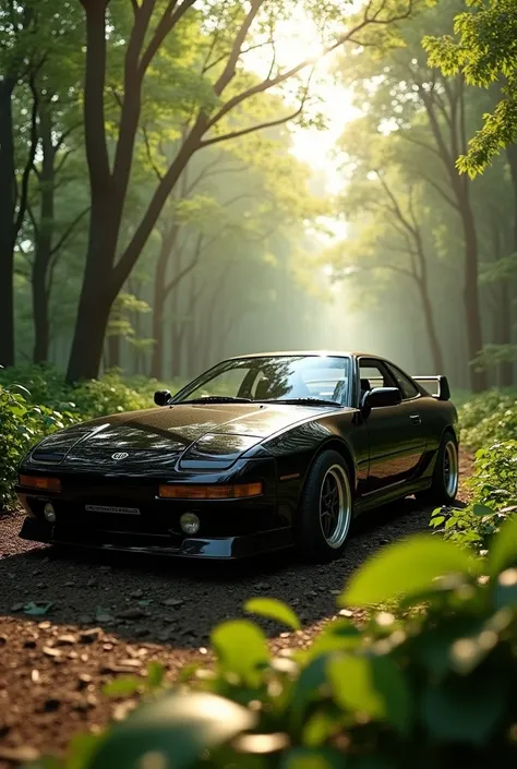 A Toyota celica Supra a60 genration black car in between japanese forest in afternoon 