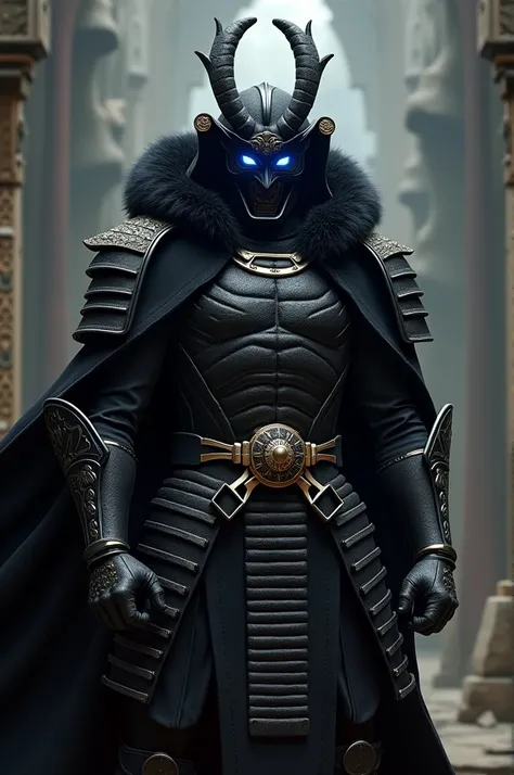 an anti-hero in a black samurai costume with gold details, with black cover, with black fur, black oni mask and blue visor