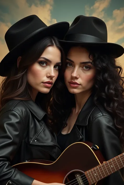 (Close-up of a better masterpiece:1.5)0.9],a woman with dark brown hair, in black standing leaning on a man, long black curly hair,wearing a slash hat,  wearing a black leather jacket, carrying a gibson guitar in a music studio setting, berikan skies vinta...