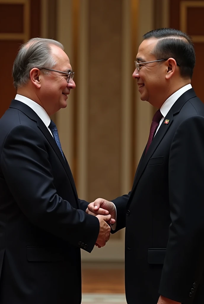 Handshake between 2 presidents, 1 of them is white with glasses