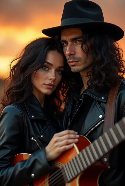 (Close-up of a better masterpiece:1.5)0.9],a woman with dark brown hair, in black standing leaning on a man, long black curly hair,wearing a slash hat,  wearing a black leather jacket, carrying a gibson guitar in a music studio setting, berikan skies vinta...