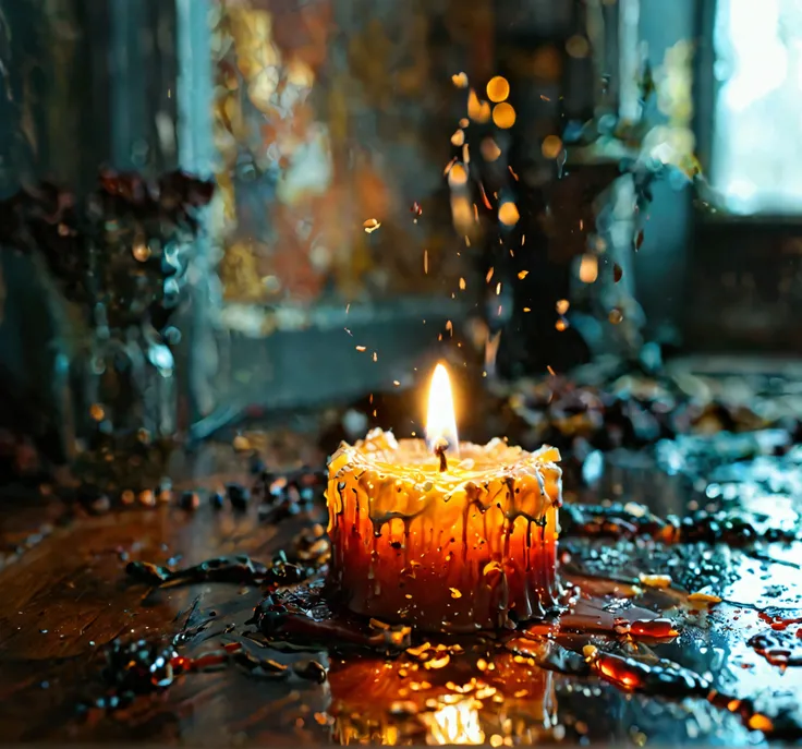 Extinguished candle stub with lots of dripped wax accumulated 