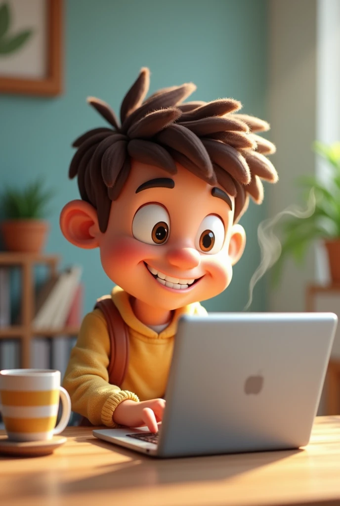 3d cartoon boy working with laptop and coffee cup on his table 