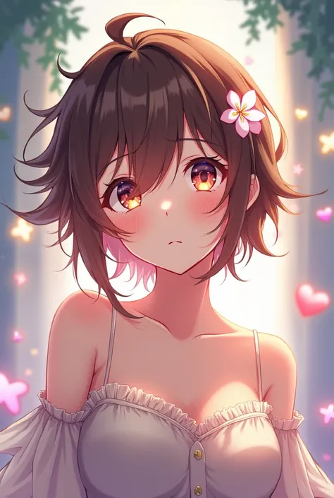 1 , breasts, short hair, brown hair, straight hair, messy hair, Mullet style hair, breasts grandes, toys, Blush, mouth closed, eyes open, Sanpaku, orange eyes, Hair flower, Rays of divine light, Anime style, 