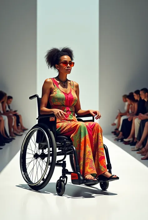 Wheelchair-bound woman in minimalist drawing wearing colorful dress at a fashion show and underneath the phrase disabled not definitely wonderful