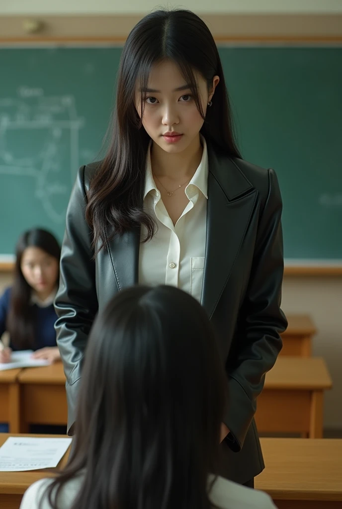 Black leather jacket and white blouse, Korean female teacher scolds female student wearing H-line skirt