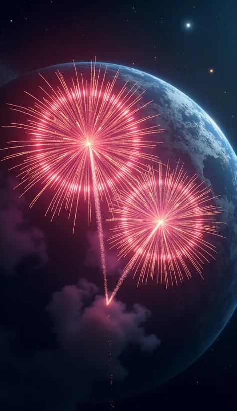 Two brightly colored fireworks explode as seen from space
