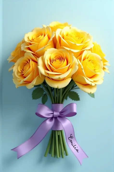 Yellow roses with a purple ribbon that says Emilia with a light blue background 