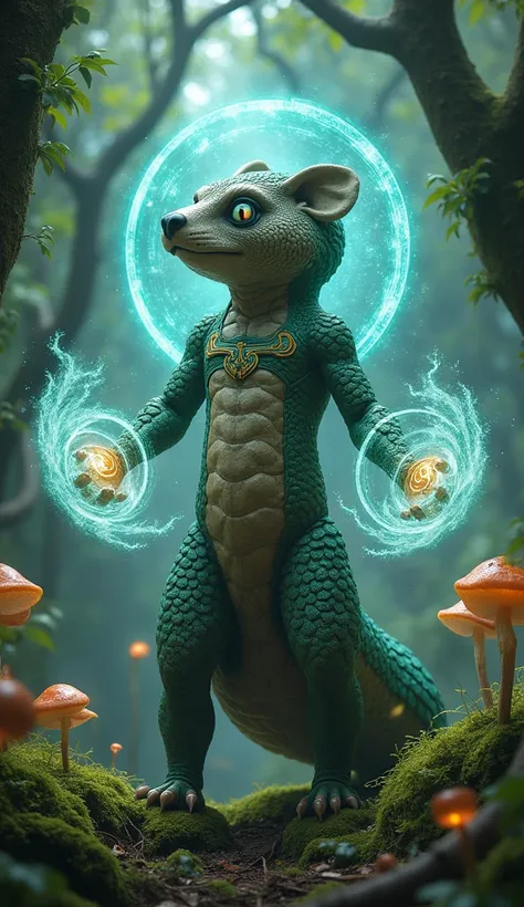 Pangolin + Mystic: A pangolin-headed mystic controlling protective energy shields in an enchanted forest.