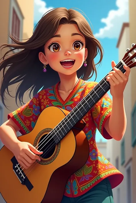 Anime character with brown hair, Ecuadorian shirt, white skin and a guitar 