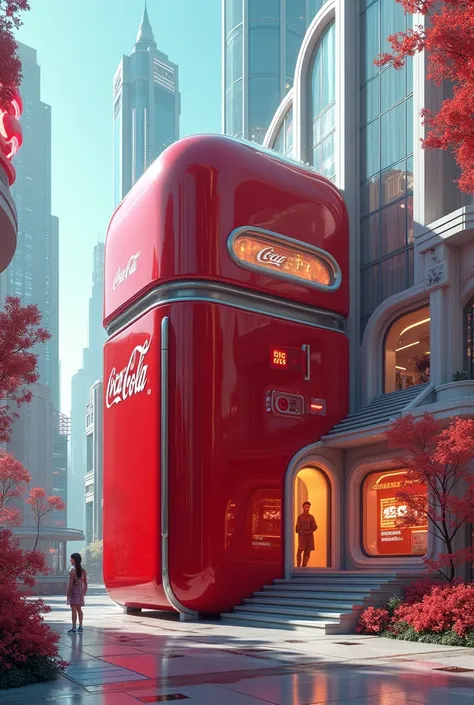 a futuristic fantasy house that looks like a giant coca cola fridge with residents in a futuristic fantasy street