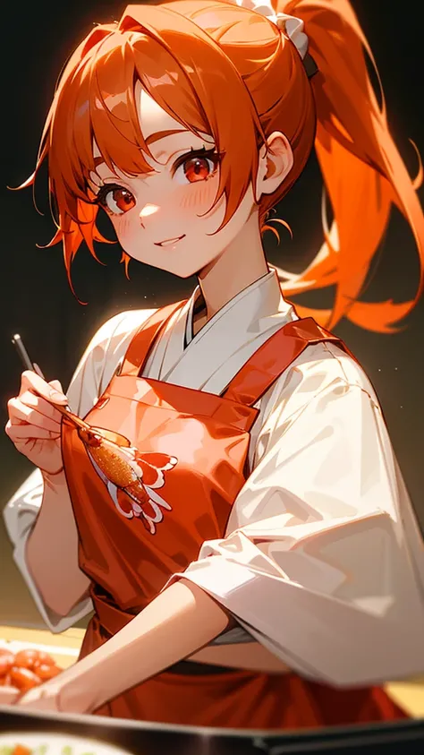 1 girl、8k、Sharp focus、(Bokeh) (Best Quality) (Detailed skin:1.3) (intricate details) (anime)、Cute shrimp girl、Cook delicious meals in the kitchen、Orange Hair、ponytail、Round red eyes、From the side、apron、Beautiful Smile、Upper body close-up