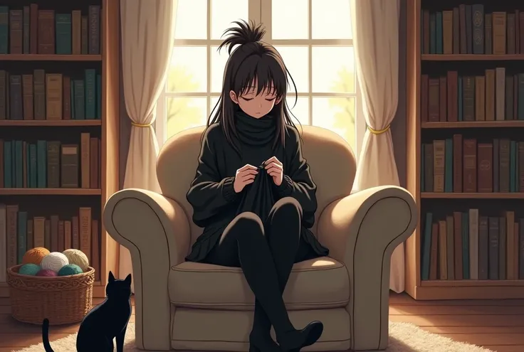 In an anime style, a woman with black hair styled in a messy bun sits in a huge comfy chair in front of a large window and bookcases. She is wearing a black sweater and leggings. She is knitting a black scarf. On the floor is a basket of neutral-colored ya...