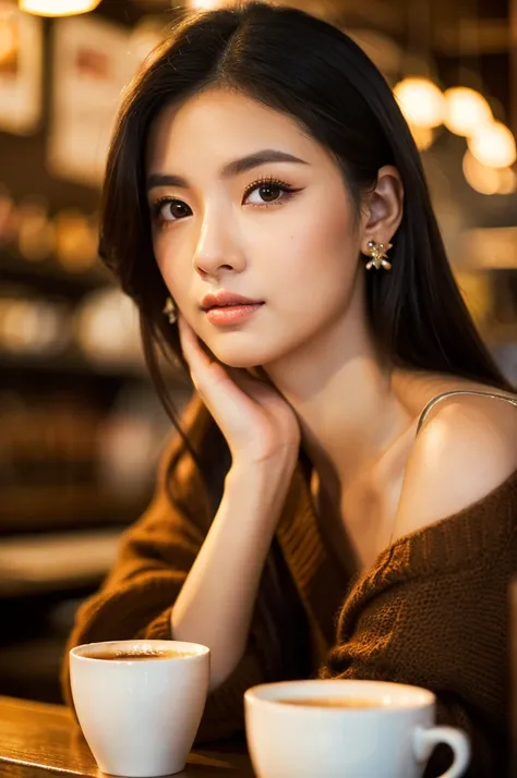 detailed portrait of a beautiful asian woman in a cozy coffee shop, delicate facial features, large eyes, long lashes, perfectly applied makeup, mesmerizing gaze, shoulder-length black hair, wearing a stylish outfit, sitting at a table, surrounded by warm ...