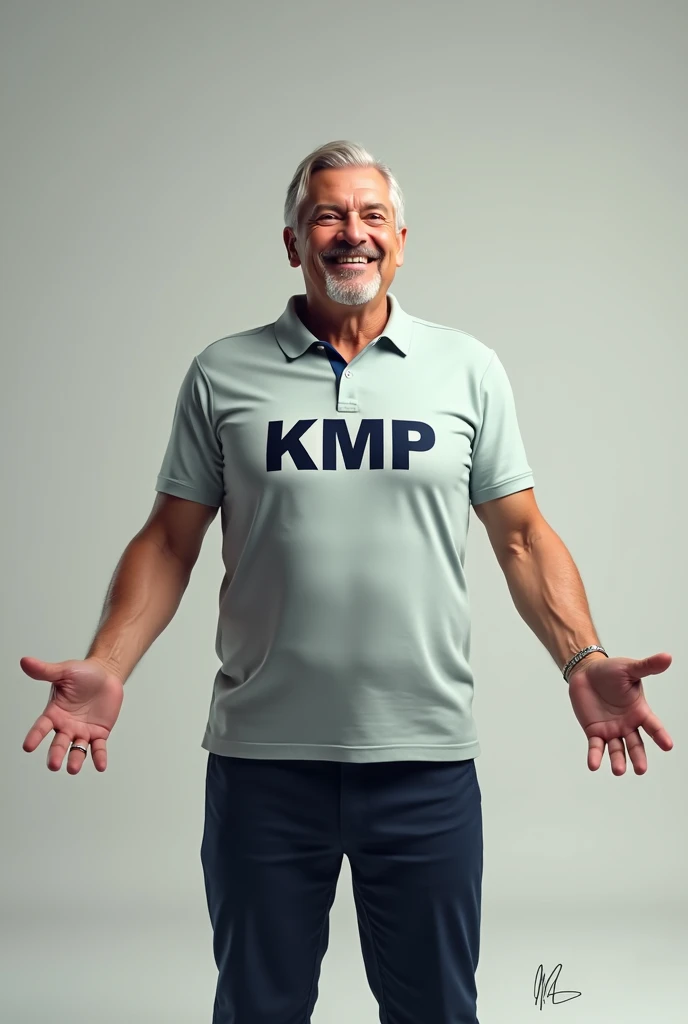 creates an image of a man wearing a polo shirt with the letters kmp on his chest with his arms open 