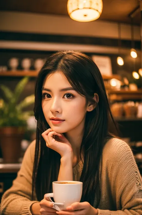 detailed portrait of a beautiful asian woman in a cozy coffee shop, delicate facial features, large eyes, long lashes, perfectly applied makeup, mesmerizing gaze, shoulder-length black hair, wearing a stylish outfit, sitting at a table, surrounded by warm ...