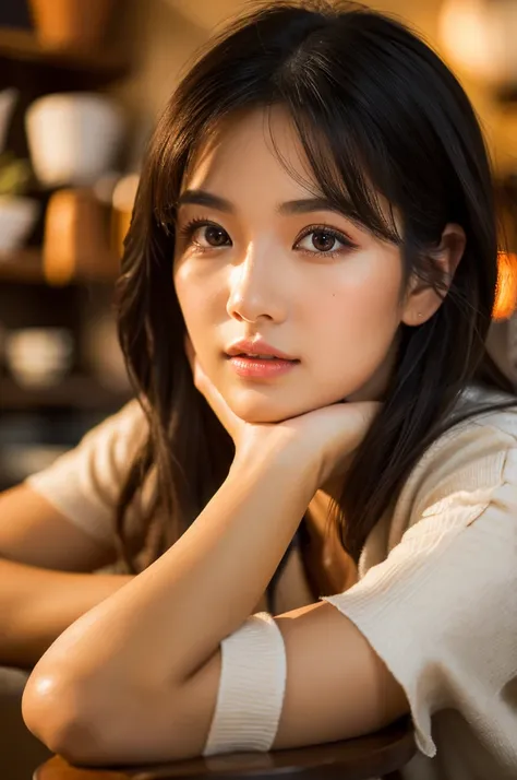 detailed portrait of a beautiful asian woman in a cozy coffee shop, delicate facial features, large eyes, long lashes, perfectly applied makeup, mesmerizing gaze, shoulder-length black hair, wearing a stylish outfit, sitting at a table, surrounded by warm ...