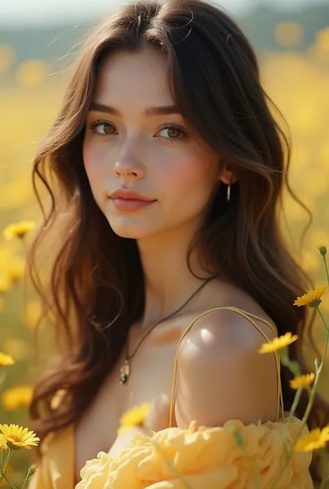 Beautiful slim girl with long wavy hair, brown eyes and having yellow flowers