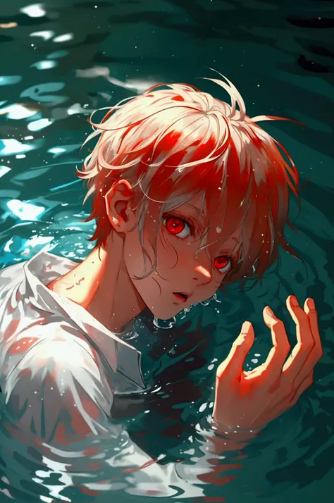 white haired boy, red eyes, scared, deep inside the abbys, drowning inside a pool of water until only his head showing, raising his hand asking for help