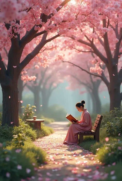 A cherry blossom garden with a place reserved for reading the Bible 