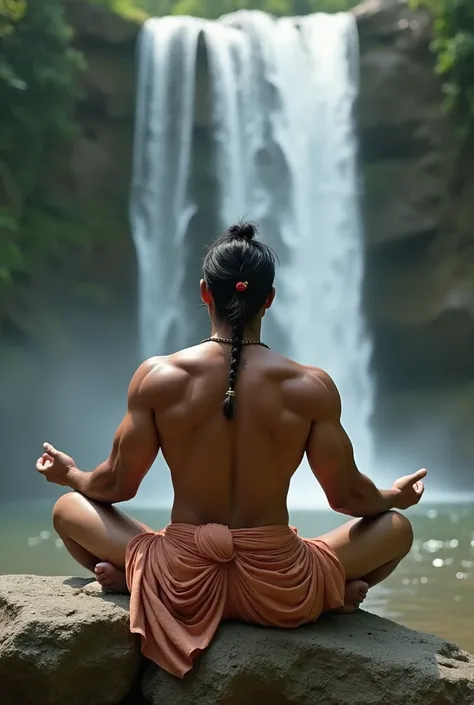 Generate an image of a young hot hindu bodybuilder with no beard handsome wearing full dhoti .meditating serious near waterfall. Wearing tilak