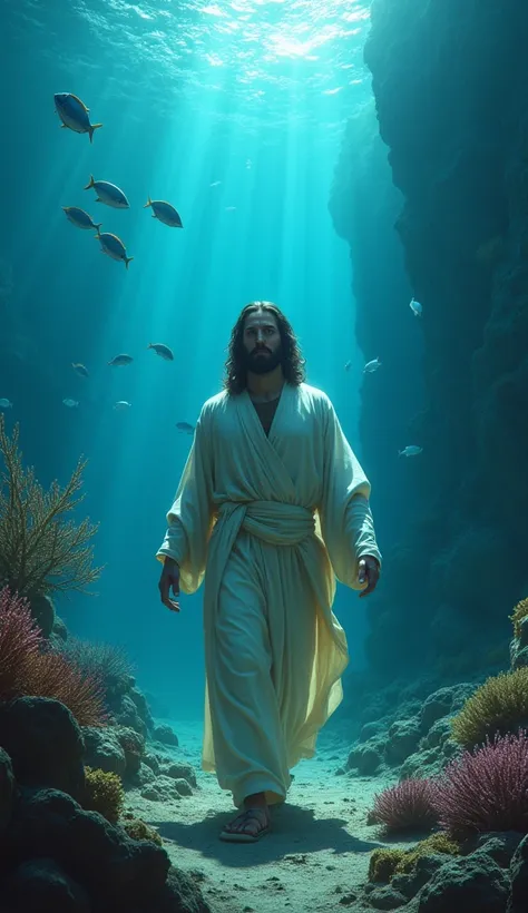 Generate a realistic image of Jesus walking in the deep sea in a beautiful landscape of the deep sea. The best quality, Detail, HD model, 