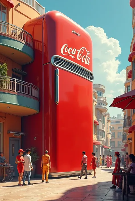 a futuristic fantasy house that looks like a giant coca cola fridge with residents in a futuristic fantasy street, Art Deco, high detail, futurism, Social Realism, modern, Realism, Pop art, sparkle, glowing light, super detail, high details, high quality, ...