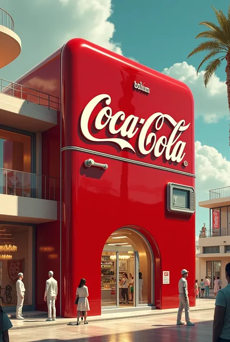 a futuristic fantasy house that looks like a giant coca cola fridge with residents in a futuristic fantasy street, Art Deco, high detail, futurism, Social Realism, modern, Realism, Pop art, sparkle, glowing light, super detail, high details, high quality, ...