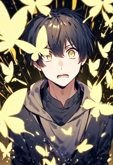 A bright yellow butterfly sits on his right eye,Black hair,yellow eyes,Surprised expression,Background with yellow light all around,man,male,alone,1 person,boy,Short cut