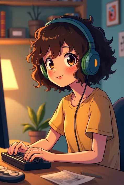 in studio ghibli style, make a brunette, jovem e gamer com um headphone, brown hair, curly and short, brown eyes.